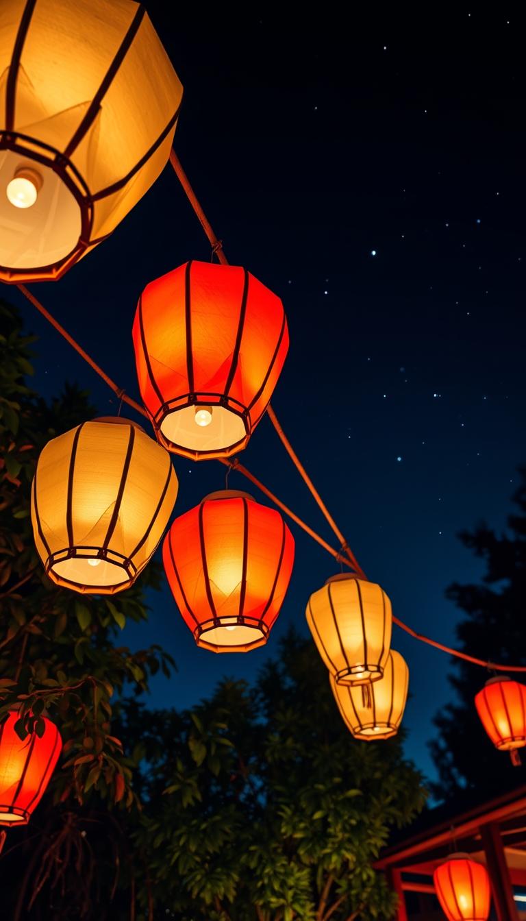 Vibrant paper lanterns in a serene night sky, their soft glow illuminating a tranquil outdoor setting. Delicate paper forms suspended from intricate bamboo frames, swaying gently in a light breeze. Warm lighting filters through translucent panels, casting a cozy ambiance over a lush, naturalistic background of verdant foliage and a starry celestial backdrop. Elegant yet whimsical, the lanterns invite a sense of wonder and peaceful contemplation. Captured with a wide-angle lens to showcase the enchanting scene in full, the image exudes a sense of timeless charm and a touch of Eastern mystique.