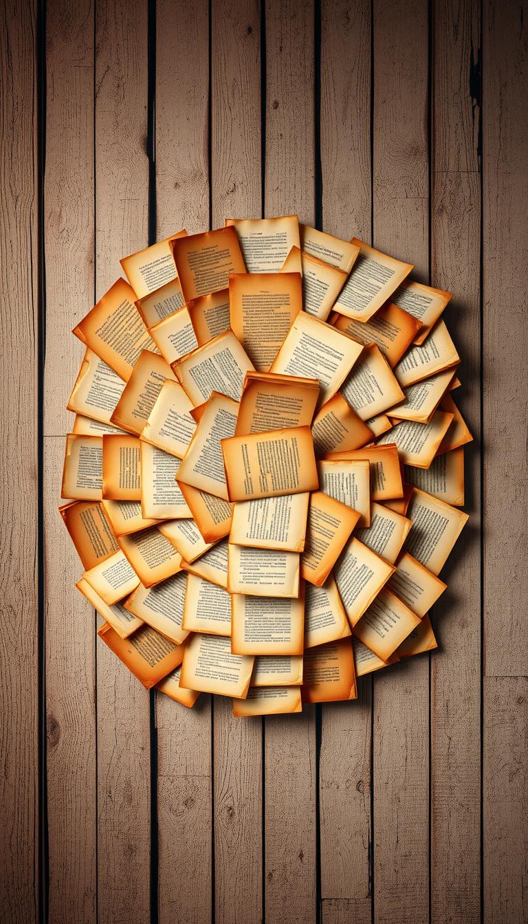 Vintage book page wall art: A collage of aged, yellowed pages from antique books, meticulously arranged in an intricate pattern against a weathered, rustic wooden backdrop. Subtle warm lighting casts a soft, nostalgic glow, highlighting the delicate textures and muted tones of the paper. The layout is balanced, with pages overlapping in a visually captivating way, creating depth and visual interest. The overall composition evokes a sense of timeless elegance and a love for the written word, perfect for enhancing the ambiance of a cozy, vintage-inspired living space.