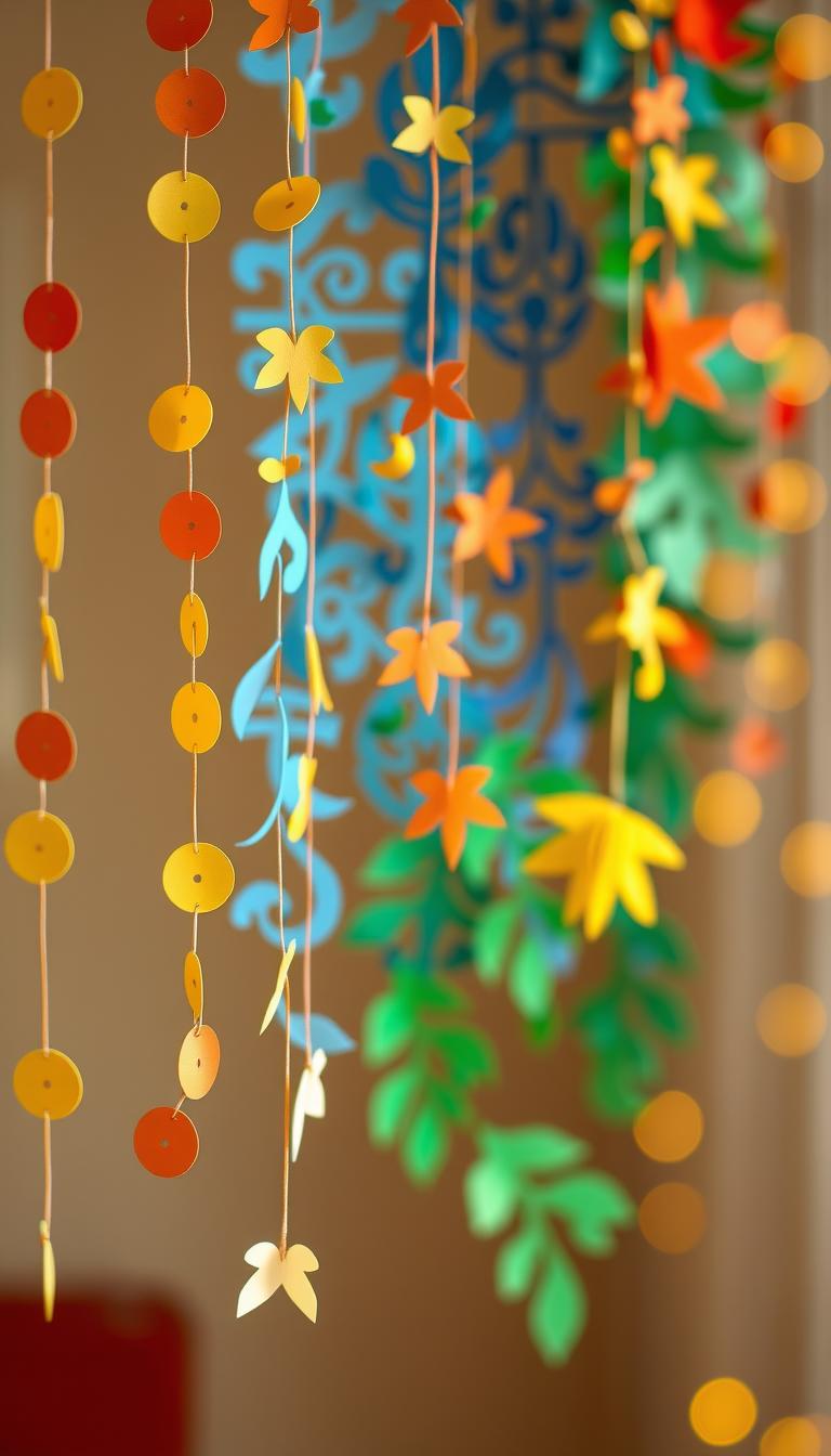 Whimsical paper garland cascading down, delicately crafted with intricate folds and vibrant hues. The foreground features a string of playful shapes - circles, stars, crescents - in a palette of warm yellows, oranges, and reds, creating a cheerful, festive atmosphere. The middle ground showcases intricate paper cutouts in striking blues and greens, woven together to form a lush, organic pattern. The background blurs into a soft, dreamy bokeh, evoking a sense of wonder and creativity. Lit by warm, diffused lighting, the garland appears to float effortlessly, inviting the viewer to imagine the crafting process and the joy of handmade decorations.