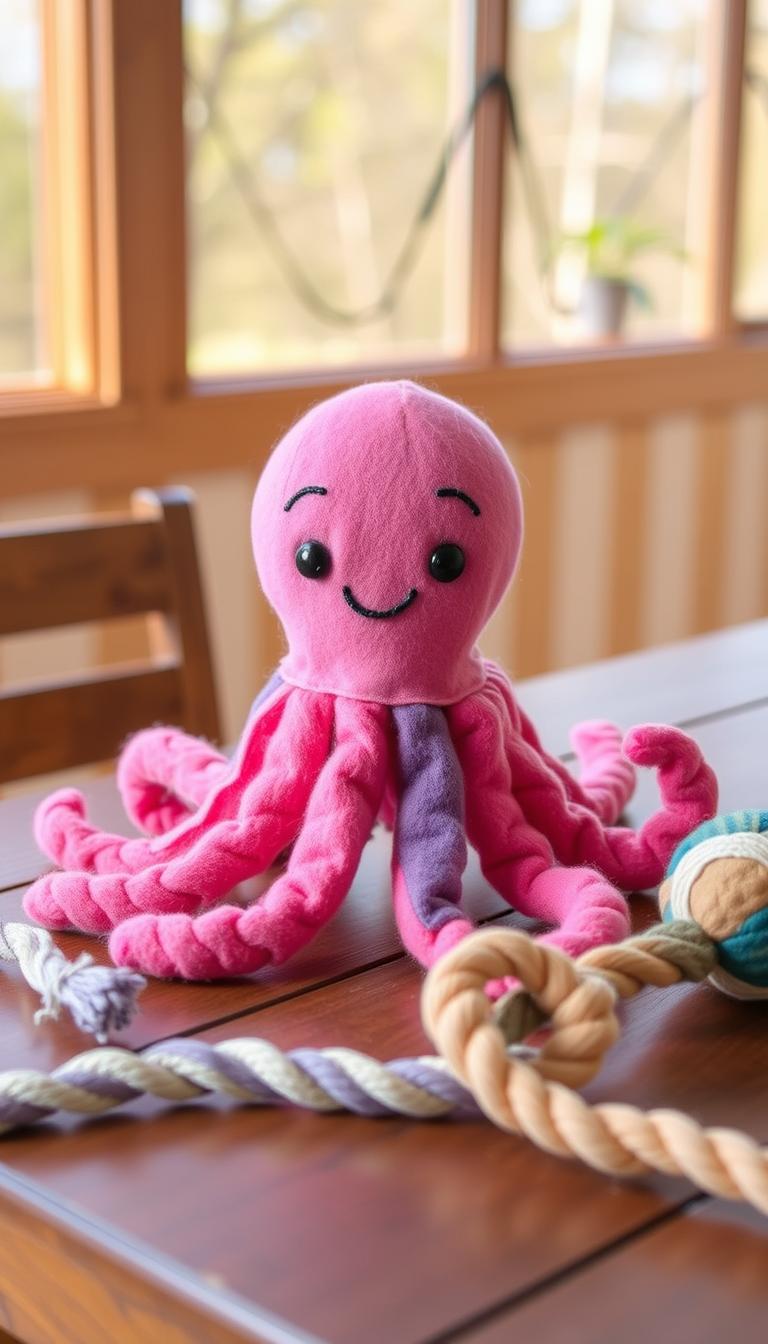 a fabric octopus toy with soft, plush tentacles in various vibrant colors, positioned on a wooden table in a well-lit, natural setting. The octopus has a friendly, whimsical expression and is surrounded by a few other simple, homemade dog toys such as a braided rope and a stuffed ball. The overall scene conveys a warm, DIY atmosphere, showcasing easy-to-make, pet-safe toys that can be crafted from common household items.