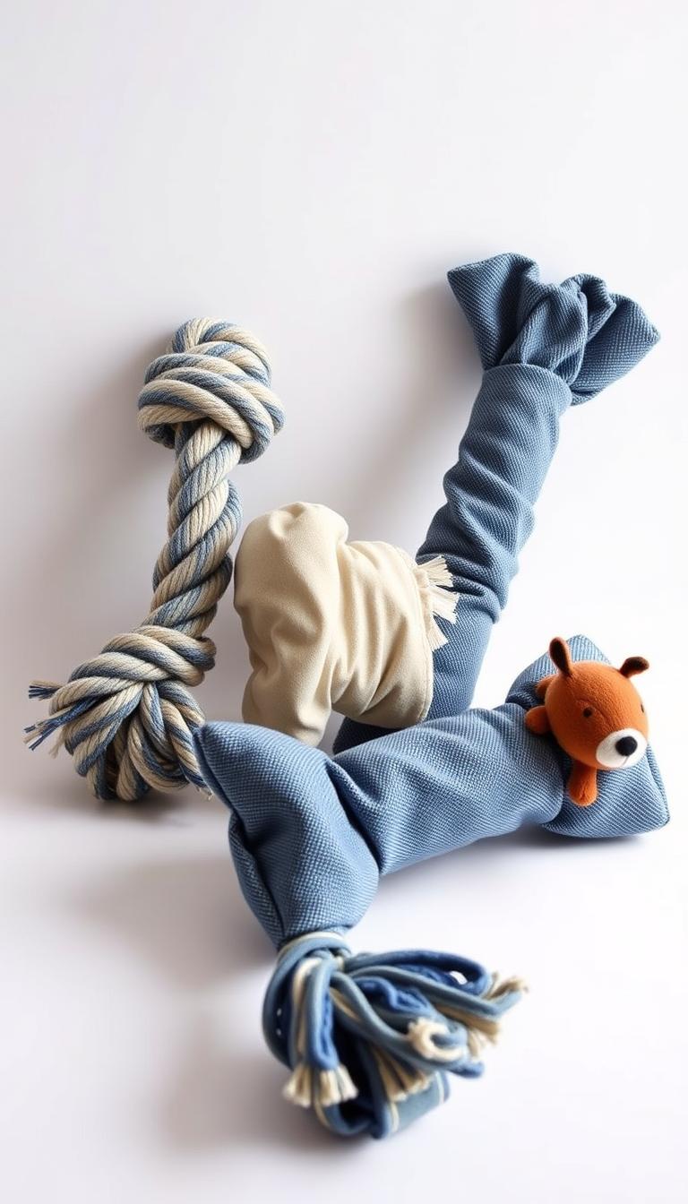 a highly detailed photograph of several homemade dog toys made from upcycled old blue jeans, photographed against a plain white background with soft, even lighting from the side. The toys include a thick rope tug toy with a series of tight overhand knots, a crinkly textured chew toy shaped like a bone, and a small stuffed plush toy in the shape of a squirrel. The toys are arranged in a visually appealing still life composition, highlighting the rustic, handmade quality of the materials and craftsmanship.
