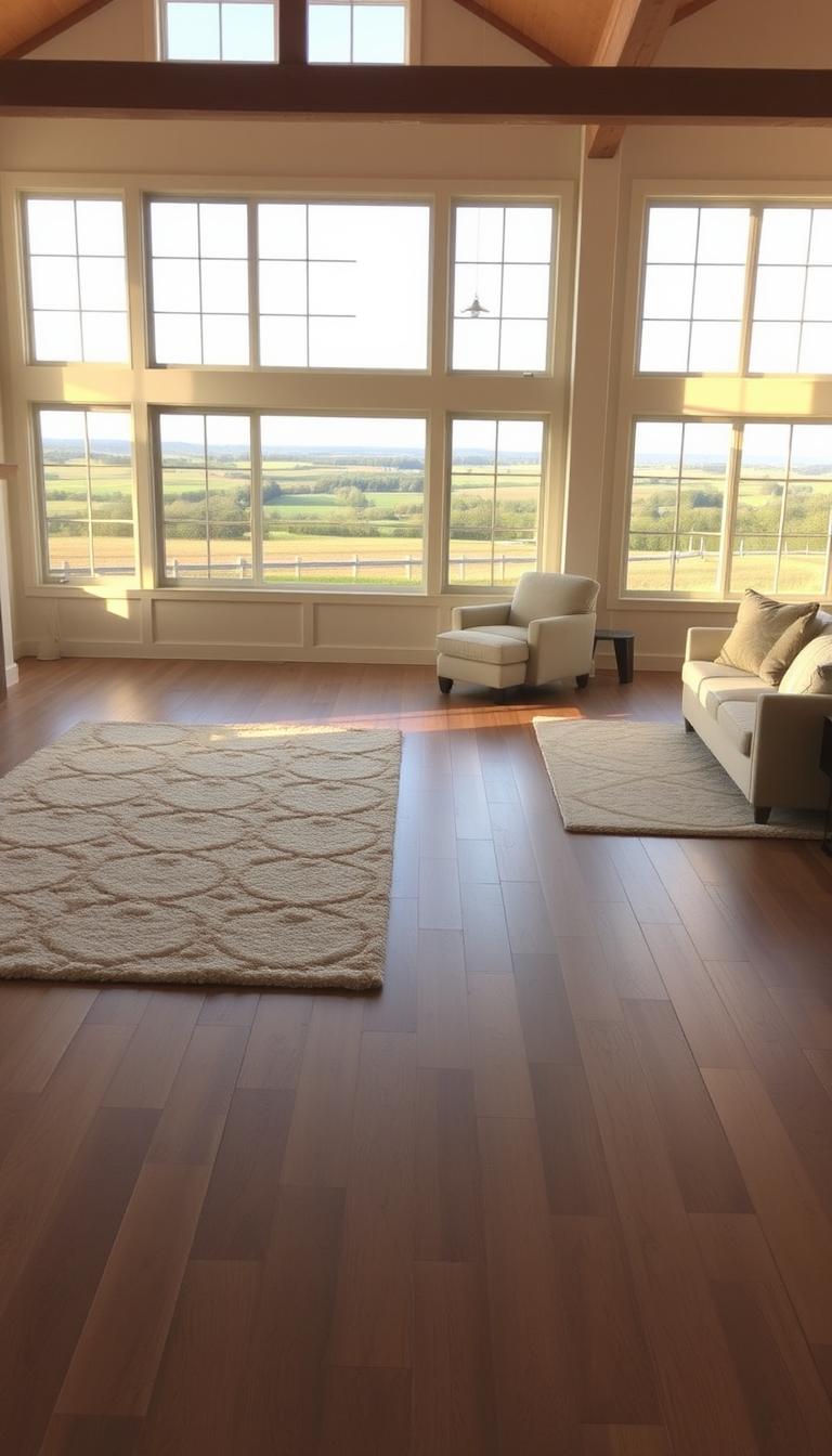a large, well-lit room with wide-plank hardwood floors and a few cream and beige area rugs placed strategically throughout, creating a cozy and inviting atmosphere. The rugs have a subtle geometric or floral pattern, with a plush, high-pile texture that looks soft and inviting. The lighting is warm and natural, filtering in through large windows that provide a panoramic view of a tranquil, pastoral landscape outside. The overall mood is one of relaxed sophistication, blending rustic and modern farmhouse elements seamlessly.