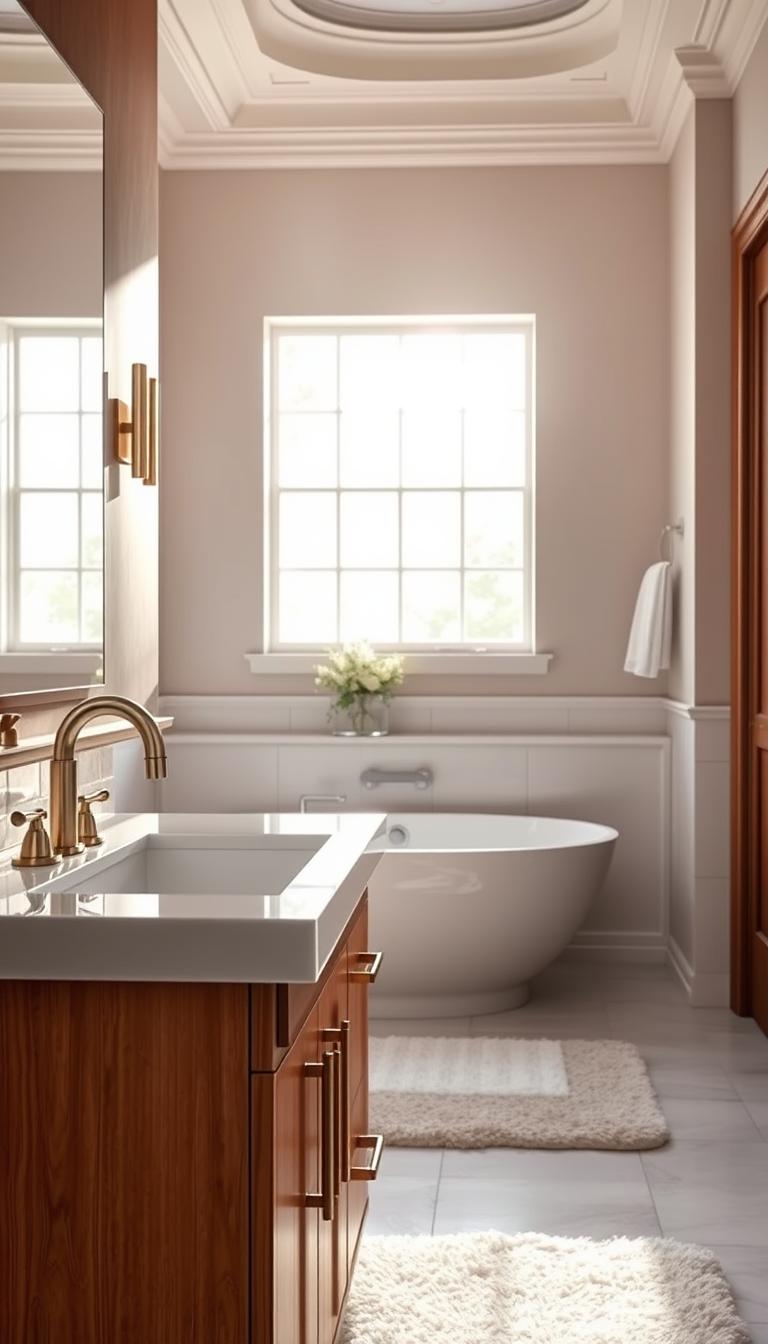 a luxurious, well-lit bathroom interior with a focus on replacing old hardware. The foreground features a modern vanity with a sleek faucet, undermount sink, and brass hardware that complements the warm wooden cabinetry. The middle ground showcases a large, frameless mirror that reflects the natural light streaming in through the large window in the background, creating a bright and airy atmosphere. The tiled floor and walls have a clean, minimalist design, and a plush rug adds a cozy touch. The overall mood is one of sophistication and timeless elegance, highlighting how replacing dated hardware can dramatically enhance the look and feel of a bathroom. a luxurious, well-lit bathroom interior with a focus on replacing old hardware. The foreground features a modern vanity with a sleek faucet, undermount sink, and brass hardware that complements the warm wooden cabinetry. The middle ground showcases a large, frameless mirror that reflects the natural light streaming in through the large window in the background, creating a bright and airy atmosphere. The tiled floor and walls have a clean, minimalist design, and a plush rug adds a cozy touch. The overall mood is one of sophistication and timeless elegance, highlighting how replacing dated hardware can dramatically enhance the look and feel of a bathroom.