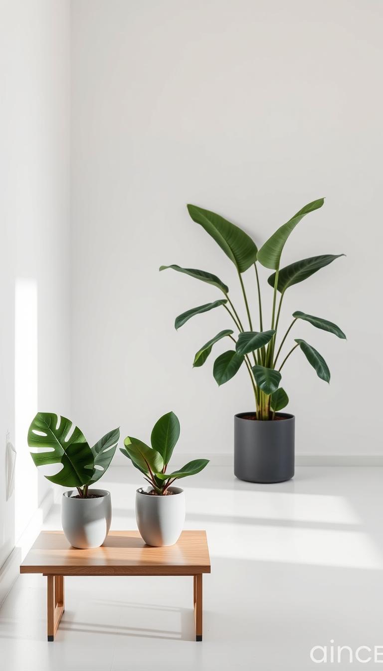 a minimalist indoor scene with simple, sculptural plants in a clean, well-lit environment. in the foreground, a few potted plants with smooth, geometric forms, such as a monstera deliciosa and a snake plant, placed on a sleek, wooden side table. in the middle ground, a large, leafy plant with striking silhouette, like a fiddle-leaf fig or a bird of paradise, standing tall against a plain, white wall. the lighting is soft and diffused, creating a tranquil, serene atmosphere. the overall composition is balanced and harmonious, with a focus on the natural, organic shapes of the plants contrasted against the minimalist, uncluttered setting.
