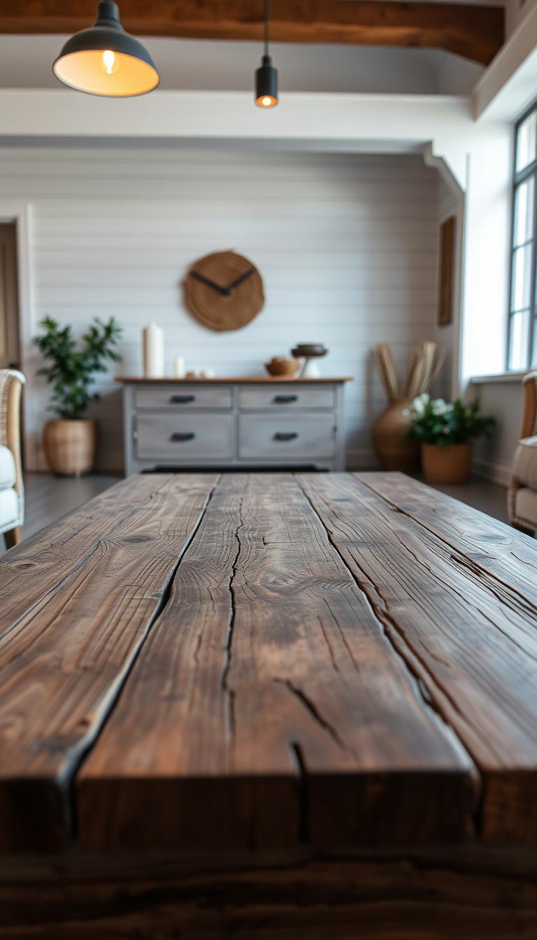a rustic and distressed wood coffee table in a modern farmhouse-style room, with warm lighting from overhead fixtures, capturing the textured, weathered surface of the tabletop, with subtle variations in color and grain, set against a clean, minimal backdrop of whitewashed walls and natural fiber accents, conveying a sense of timeless elegance and understated charm
