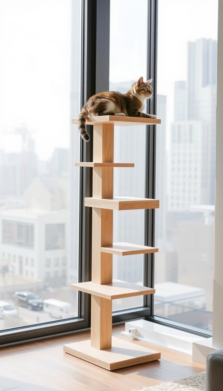 a slim, modern cat tree with multiple levels and platforms, designed for small spaces. the tree is made of sleek, light-colored wood or bamboo, with clean lines and a minimalist aesthetic. the platforms are elevated, allowing for ample space underneath for the cat to play and explore. the tree is positioned in front of a large, floor-to-ceiling window, bathing the scene in soft, natural lighting. the cat lounges on one of the upper platforms, content and relaxed, gazing out the window at the cityscape beyond. the overall mood is one of tranquility and coziness, capturing the perfect corner for a cat in a small living space.