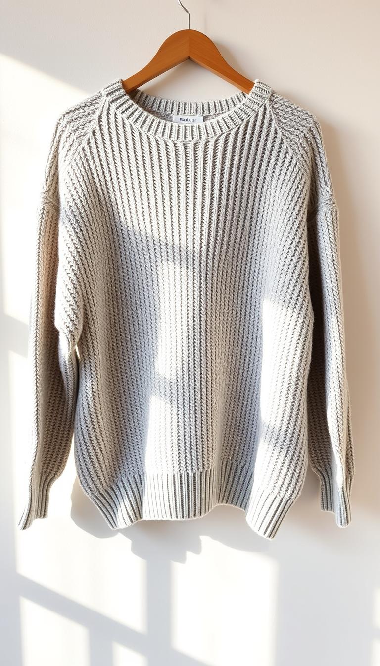 a soft, cozy, light-grey knit crewneck sweater in a relaxed, slightly oversized fit, hanging against a plain white background with soft, natural lighting creating a warm, inviting atmosphere, the texture and weave of the fabric clearly visible, the sweater's shape and drape subtly accentuated to showcase its comfortable, elegant aesthetic