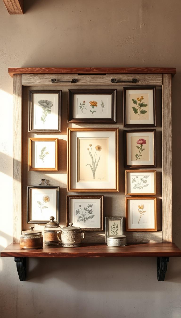 a vintage-inspired farmhouse wall art display with a weathered wooden frame, featuring a collection of framed antique botanical prints, hand-drawn sketches, and rustic metal accents. the arrangement is set against a muted, textured background with soft, natural lighting casting warm hues across the scene. the overall aesthetic is one of timeless elegance and understated charm, perfectly complementing the modern farmhouse decor style.