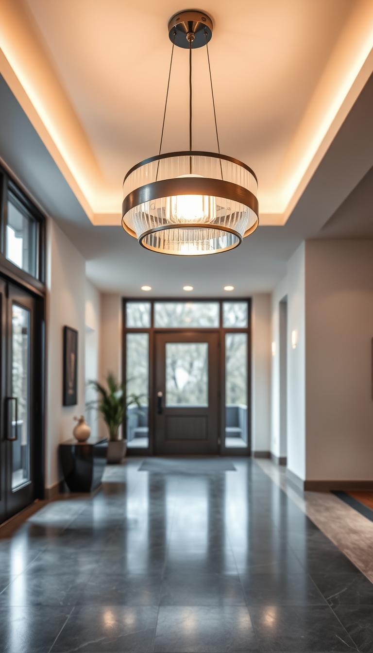 high-end modern entryway with a statement pendant light fixture, sleek and minimalist design, brushed metal or glass material, soft ambient lighting, elegant and sophisticated atmosphere, minimalist but stylish decor, polished stone or hardwood floor, neutral color palette, natural light from large windows, mid-century modern or contemporary architectural elements, clean lines and geometric shapes, subtle reflection or shadows on the floor, narrow depth of field to focus attention on the pendant light