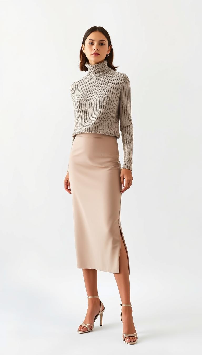 women's fashion outfit with ribbed turtleneck and slip skirt