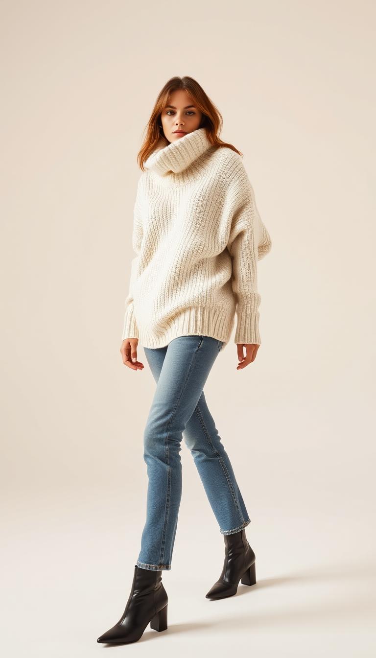 women's fashion oversized sweater and straight-leg jeans
