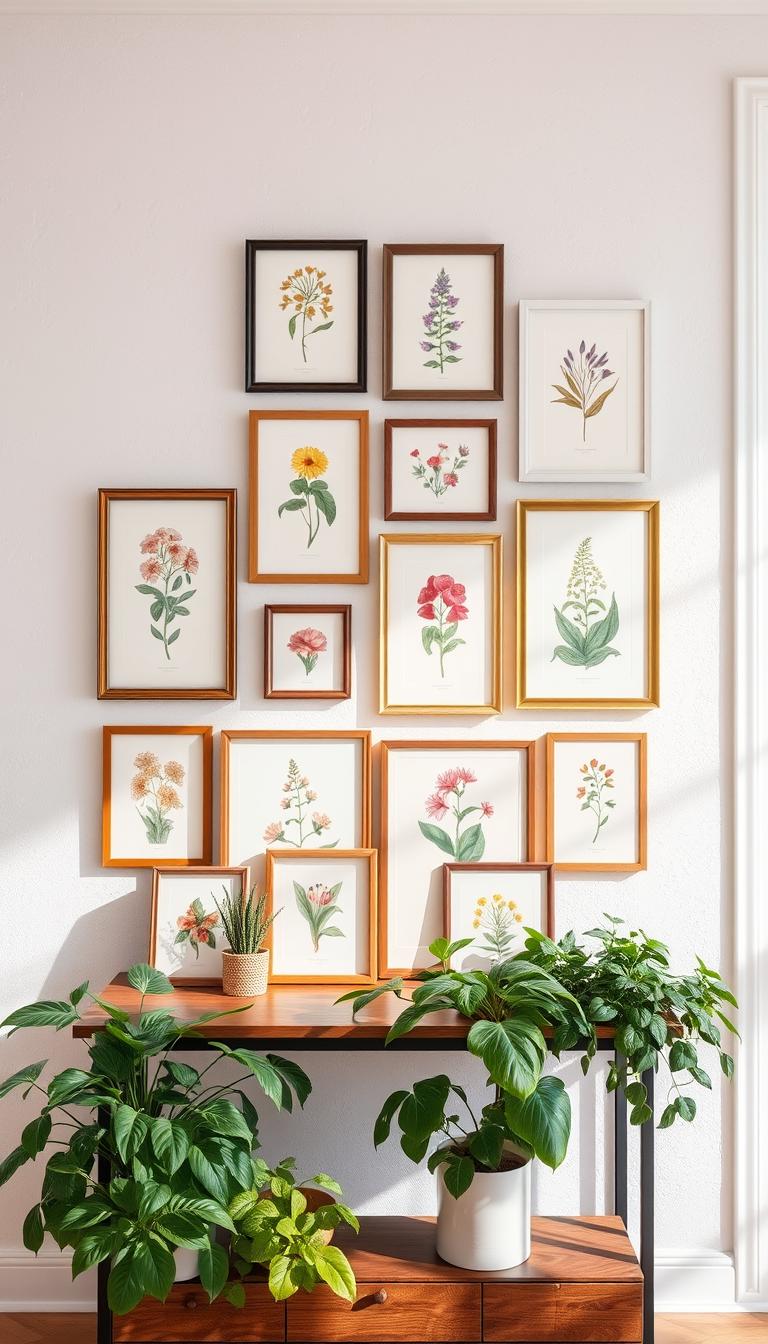 A beautifully arranged botanical print gallery set displayed on a light, textured wall. In the foreground, a wooden console table features an assortment of green plants and framed botanical illustrations, their vibrant colors contrasting against the neutral backdrop. The middle section showcases a variety of artwork in different frame styles—some in classic frames with ornate details, others in modern minimalist styles. Each print features intricate depictions of flowering plants and foliage, creating a cohesive yet diverse look. In the background, soft natural light filters through a nearby window, casting gentle shadows that enhance the serene atmosphere. The composition invites a feeling of tranquility and inspiration, perfect for a cozy, artistic home space.