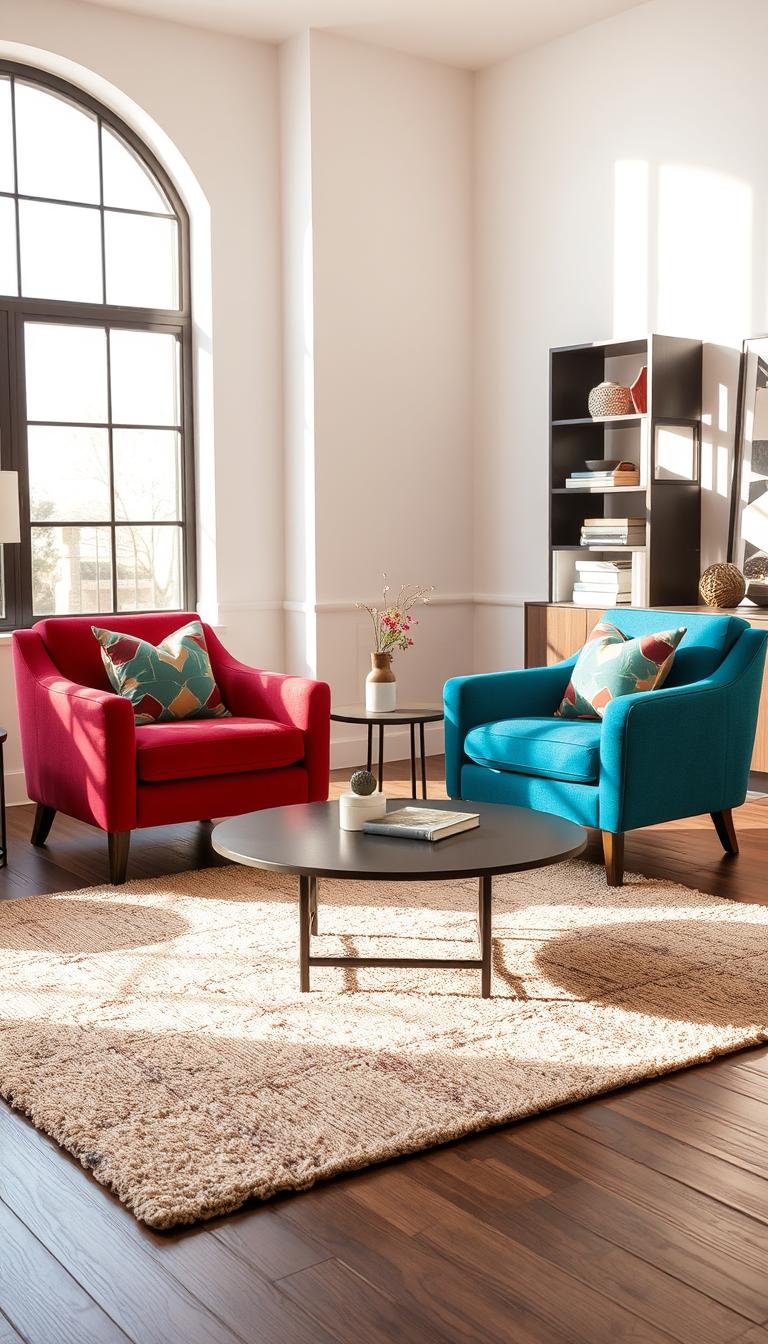 A beautifully arranged living room featuring a dual accent chair setup, showcasing two stylish armchairs in a modern design, positioned across from a sleek coffee table. The foreground highlights a soft, textured area rug beneath the chairs, complementing their colors. In the middle, the chairs are upholstered in vibrant fabrics with decorative pillows, creating an inviting atmosphere. Soft, natural light streams through a large window, casting gentle shadows that enhance the space's warmth. The background features a contemporary bookshelf and wall art, adding visual interest without distraction. The scene exudes a cozy, stylish vibe, perfect for relaxation or conversation, with a focus on comfort and modern aesthetics.