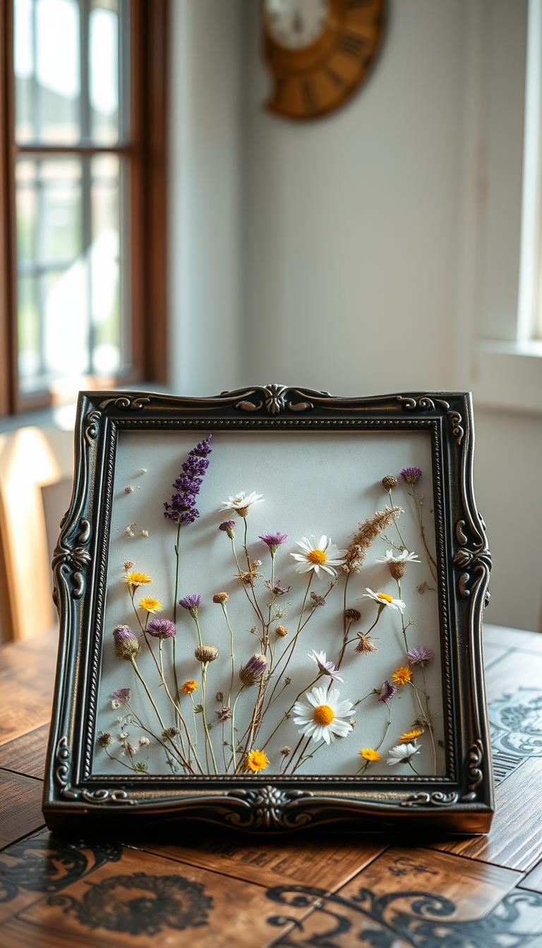 A beautifully arranged piece of dried flower pressed frame art displayed on a rustic wooden table. In the foreground, delicate, translucent wildflowers like lavender and daisies are artistically laid flat between two sheets of glass, their vibrant colors preserved. The middle section features an ornate, vintage-style frame with intricate carvings, enhancing the elegance of the floral composition. The background shows a soft, natural light filtering through a nearby window, casting gentle shadows and highlighting the textures of the dried flowers and the frame. The overall atmosphere is serene and nostalgic, evoking a sense of tranquility and appreciation for nature's beauty. The image should be captured from a slightly elevated angle, emphasizing the details of the flowers and the craftsmanship of the frame.