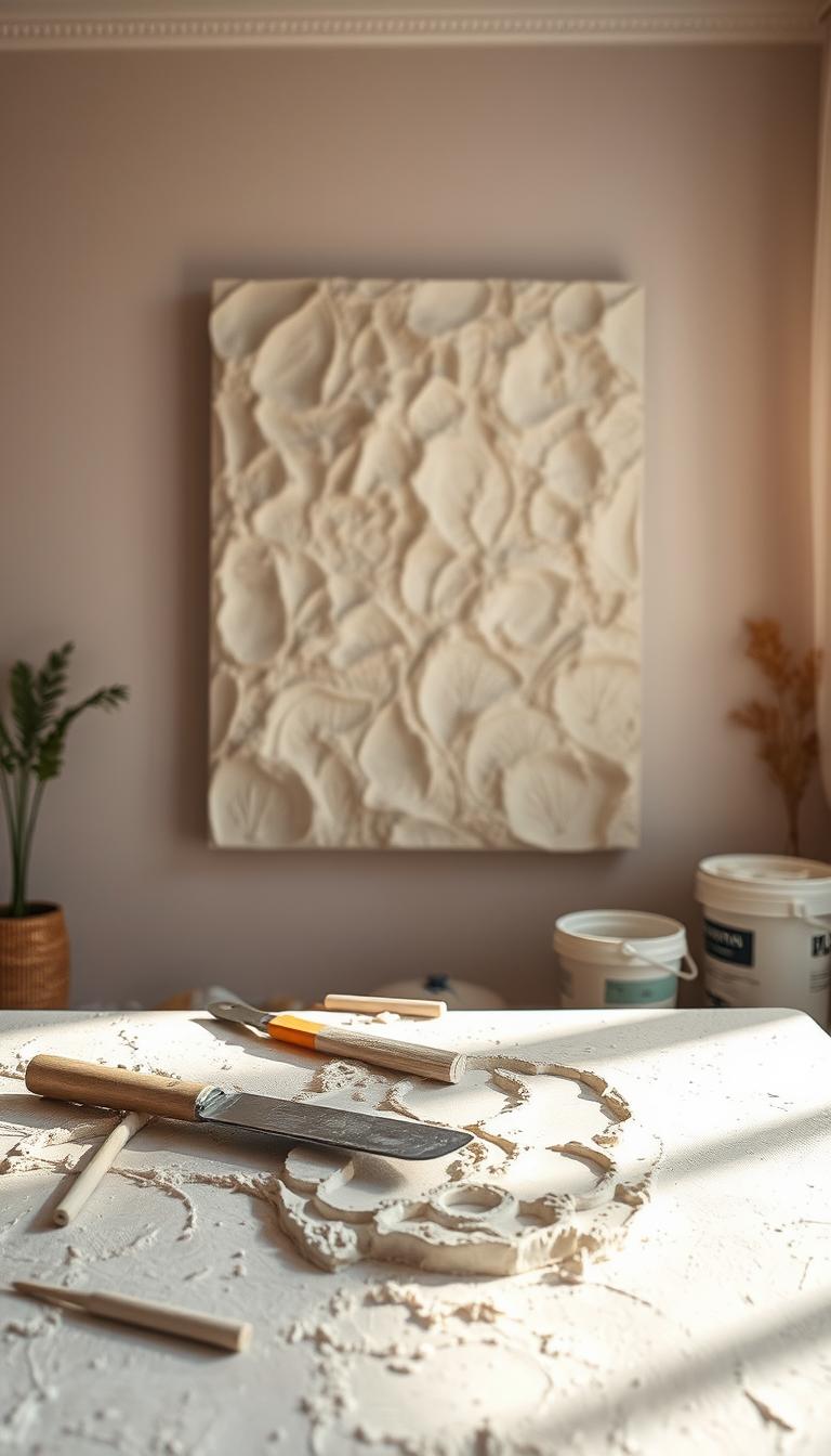 A beautifully crafted DIY textured plaster art piece displayed on a clean, modern wall. The art piece features a dynamic mix of raised patterns and smooth finishes, showcasing various techniques like spatula strokes and layering for depth. The foreground reveals intricate details of the plaster work where light casts soft shadows, enhancing the textures. In the middle ground, there are tools like a palette knife and buckets of plaster, suggesting a creative workspace. The background is a softly blurred interior with warm, natural lighting filtering through sheer curtains, creating a cozy and inspiring atmosphere. The overall mood is artistic and inviting, perfect for a home decor setting, highlighting creativity and craftsmanship.
