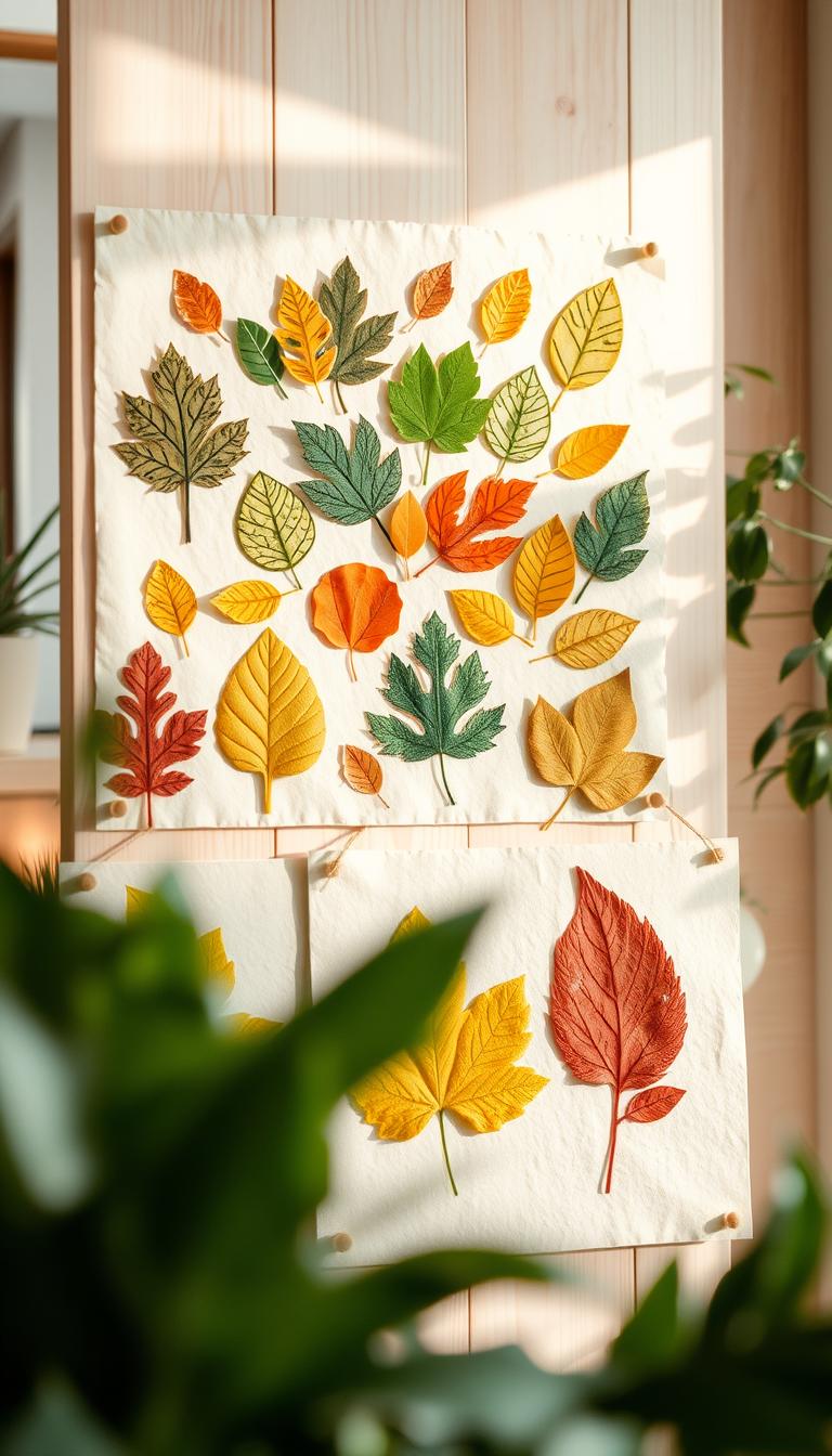 A beautifully crafted display of leaf-stamp wall prints, showcasing an array of vibrant colors and intricate details. In the foreground, focus on various leaf prints in rich greens, warm yellows, and deep oranges, each stamped on textured, cream-colored paper. The middle layer features an assortment of these prints elegantly arranged in a collage-like manner, some overlapping slightly to create depth. The background includes a softly blurred interior setting with light wood accents and a hint of plants, enhancing a natural atmosphere. Gentle, diffused lighting filters through, casting soft shadows that add a touch of warmth and tranquility to the scene. The overall mood is inviting and creative, perfect for inspiring DIY home decor enthusiasts.