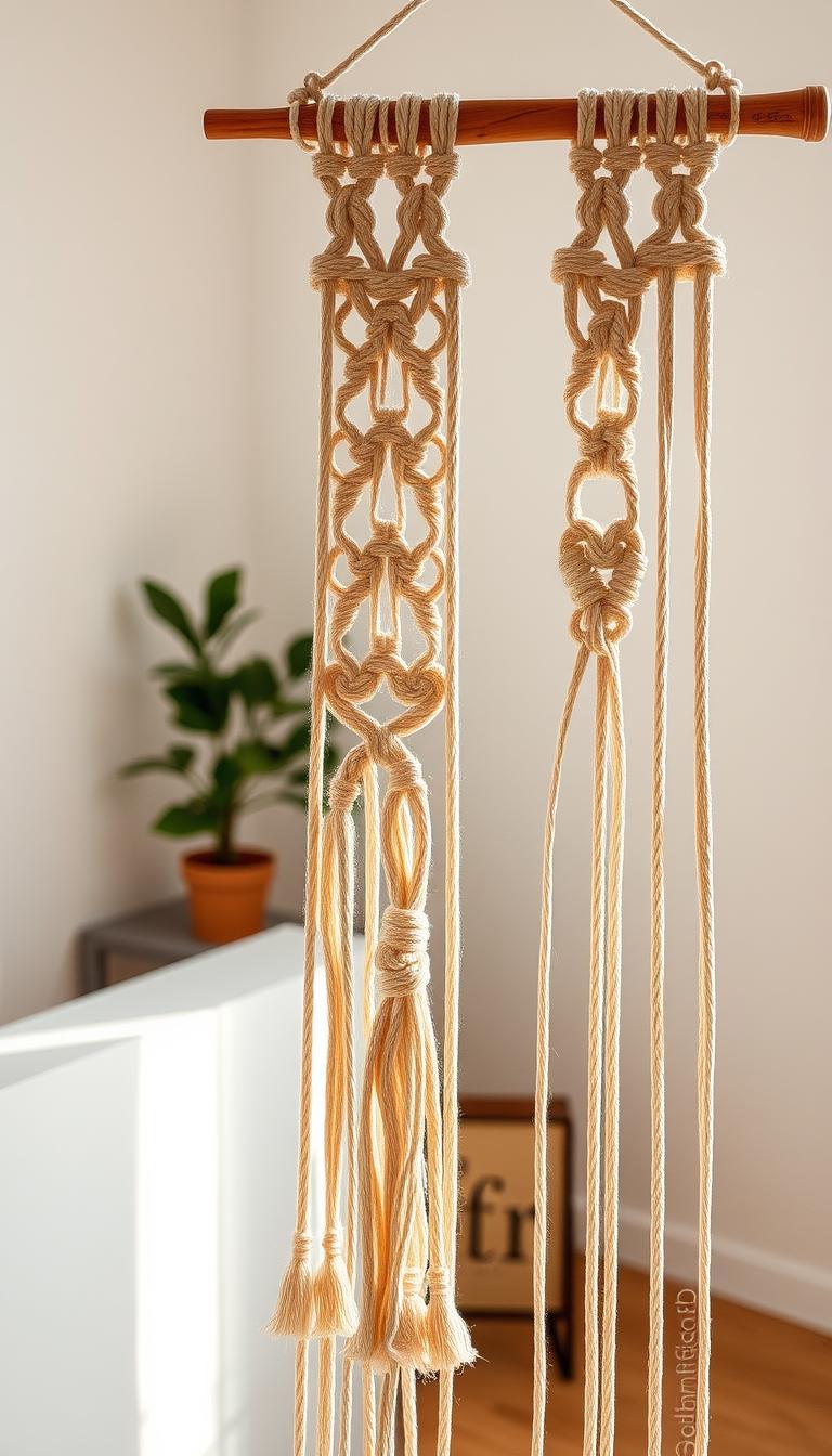 A beautifully crafted macramé wall hanging featuring intricate knots and elegant designs, gracefully cascading from a wooden dowel. The foreground showcases the texture of the macramé, made from natural, beige cotton cord, with some plant motifs woven into the design. In the middle ground, a soft, ambient light illuminates the details, creating gentle shadows that enhance the texture. The background consists of a serene, minimalist interior with light-colored walls and a small potted plant, adding a touch of greenery. The overall atmosphere feels cozy and inviting, perfect for a DIY home decor inspiration. Captured from a slight low angle to emphasize the hanging piece against the light, this composition encapsulates the art of macramé beautifully.