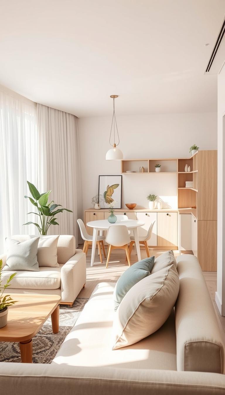 A beautifully decorated small apartment interior showcasing light and neutral colors. In the foreground, a cozy seating area with a light beige sofa adorned with soft throw pillows in pastel shades. A stylish coffee table made of natural wood sits in front, surrounded by a few potted plants. In the middle, a minimalist open-plan layout seamlessly connects to a small dining nook featuring a white table and four light-colored chairs. Delicate pendant lighting hangs overhead, casting warm, inviting light. In the background, light-colored wooden shelves display tasteful decor items against an airy, neutral-toned wall. Sunlight pours in through a large window dressed in sheer white curtains, creating a serene and uplifting atmosphere, perfect for a small space transformation.