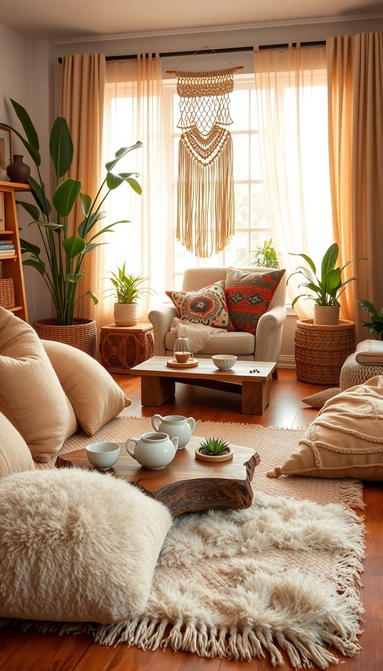 A boho chic cozy living space featuring an inviting arrangement of plush, oversized cushions and a soft, woven area rug on a wooden floor. In the foreground, a low coffee table made of reclaimed wood holds ceramic tea sets and a few succulents. In the middle, a vintage-style armchair with a colorful macrame wall hanging and vibrant patterned throw pillows creates a relaxed atmosphere. The background reveals a large window adorned with sheer drapes, allowing warm, natural light to flood the room, illuminating indoor plants in the corners. The overall mood is relaxed and welcoming, emphasizing earthy tones and layered textures, with a soft focus that conveys warmth and tranquility, ideal for a serene bohemian retreat.