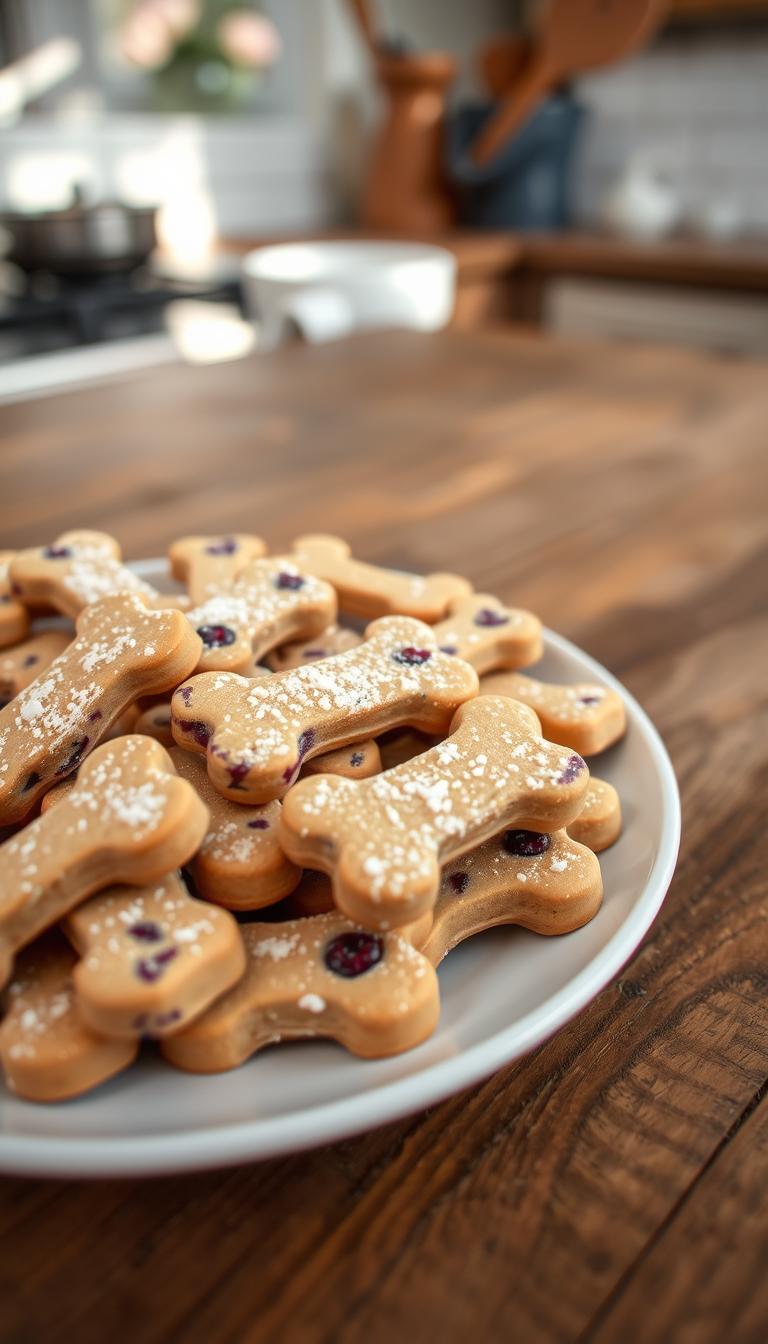 A close-up view of a plate filled with freshly made blueberry dog biscuits, perfectly shaped like small bones. The biscuits are vibrant blue with hints of purple from ripe blueberries, and a delicate dusting of powdered yogurt on top, appearing slightly glistening. In the background, a rustic wooden kitchen table is softly blurred, adding warmth to the scene. Natural light streams in from a nearby window, creating a serene and inviting atmosphere. The angle is slightly top-down, emphasizing the texture and color of the biscuits, while hinting at a cozy kitchen setting with kitchen utensils subtly placed. The overall mood is cheerful and wholesome, perfect for showcasing delicious homemade dog treats.