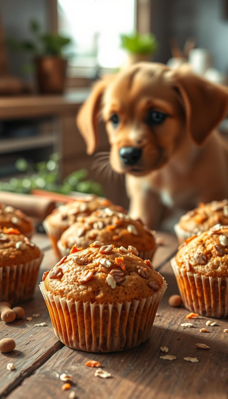 A close-up view of freshly baked carrot muffins designed for dogs, arranged on a rustic wooden table. The muffins are golden brown with visible bits of shredded carrots and oats on top, surrounded by a few scattered dog treats and a playful puppy looking curiously at the muffins. Soft, natural lighting enhances the warm colors, casting gentle shadows. The background features a blurred kitchen setting with a hint of greenery, creating a cozy and inviting atmosphere. A shallow depth of field draws attention to the muffins while keeping the puppy in soft focus, evoking a sense of home baking. The overall mood is cheerful and wholesome, perfect for showcasing healthy dog treats.