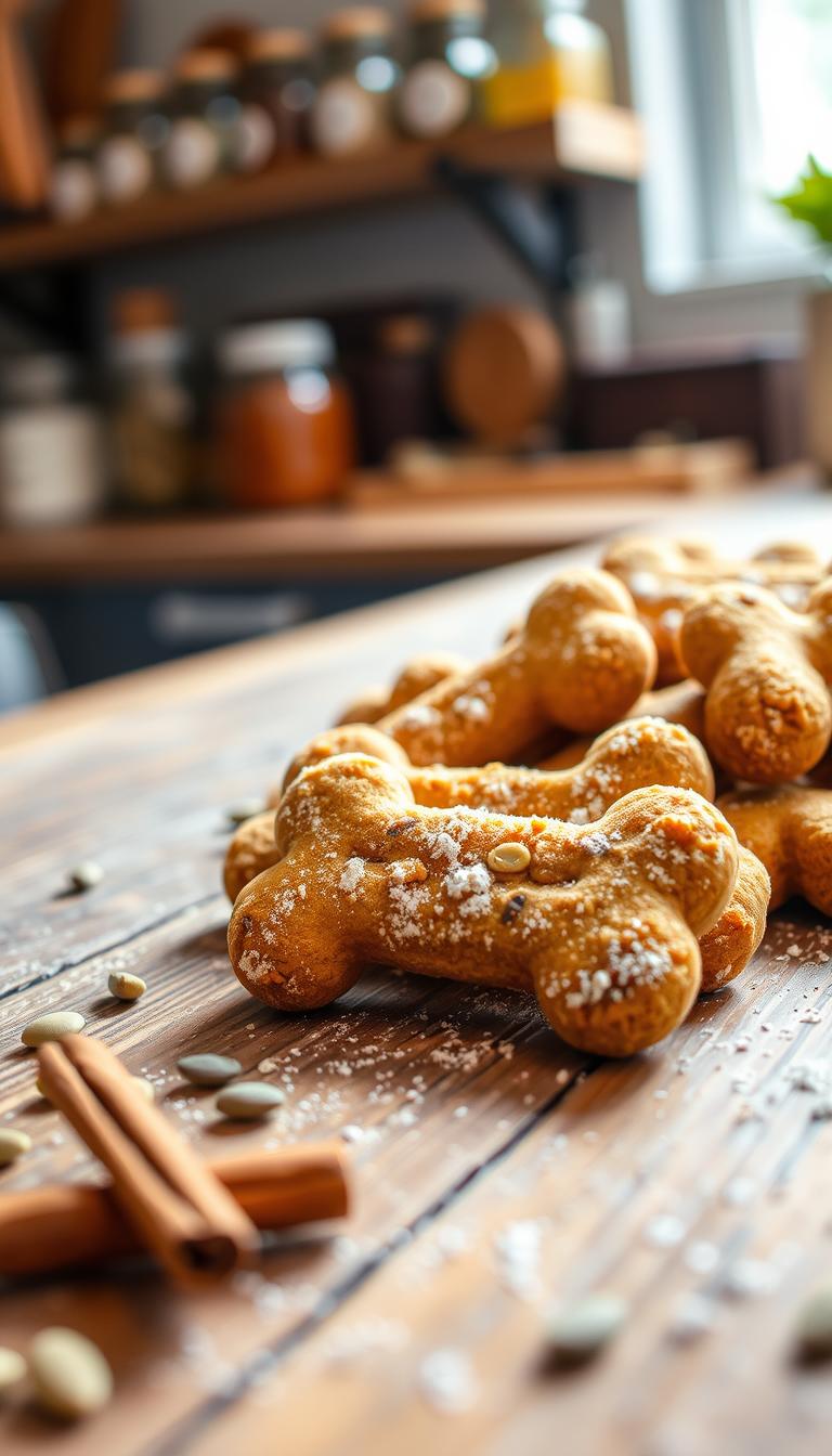 A close-up view of freshly baked oat and pumpkin dog cookies arranged artfully on a rustic wooden table. The cookies are shaped like playful dog bones, with a warm, golden-brown hue and a light dusting of flour on top. In the foreground, a few scattered pumpkin seeds and cinnamon sticks add texture and color. A soft natural light filters through a nearby window, casting gentle shadows and creating a cozy, inviting atmosphere. In the background, a blurred image of a kitchen shelf filled with jars of pet-friendly ingredients enhances the homely feel. The overall mood is warm, comfortable, and enticing, perfect for emphasizing the homemade aspect of these treats.