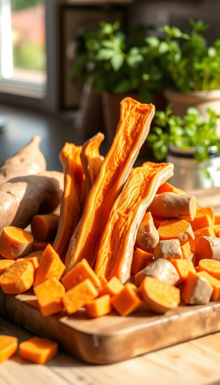 A close-up view of freshly made sweet potato dog chews, arranged artfully on a rustic wooden cutting board. The chews are sliced in various shapes—some as long sticks, others in small bite-sized pieces—showing their rich orange color and chewy texture. Surrounding the board are a few raw sweet potatoes, their earthy skin contrasting beautifully with the vibrant orange of the chews. Bright, natural light illuminates the scene, creating a warm and inviting atmosphere. The background consists of a softly blurred kitchen setting, with hints of greenery from potted herbs. The overall mood is wholesome and appetizing, perfect for highlighting healthy homemade dog treats.