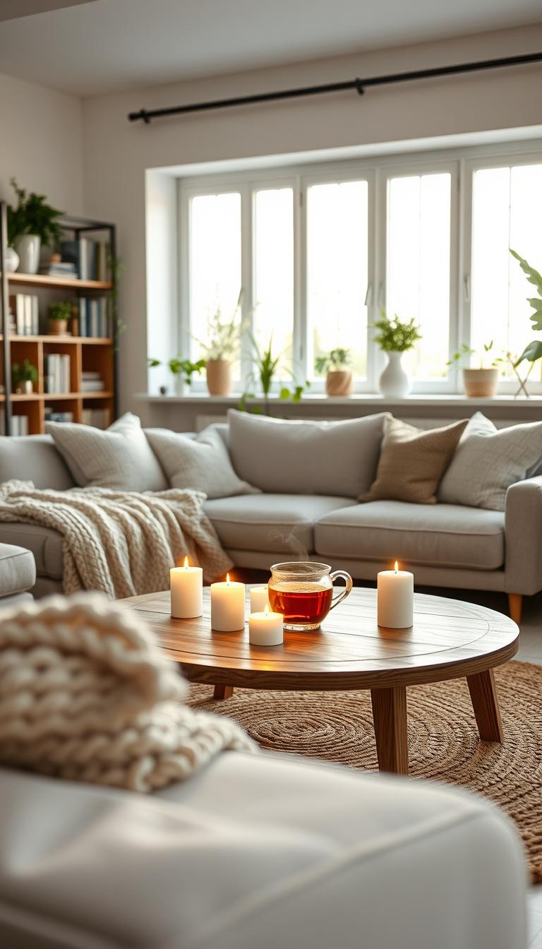 A cozy Scandinavian hygge-inspired living room featuring a warm, inviting atmosphere. In the foreground, a plush, light gray sofa adorned with soft, textured pillows and a chunky knit throw blanket. A wooden coffee table with a steaming mug of herbal tea sits at the center, surrounded by a few well-placed candles casting a gentle glow. The middle ground includes a woven jute rug underfoot and a sleek bookshelf filled with books and decorative plants. The background showcases large windows allowing natural light to filter in, illuminating pastel-colored walls and indoor greenery, enhancing the serene vibe. Soft, ambient lighting mimics late afternoon sun, creating a peaceful retreat perfect for relaxation.