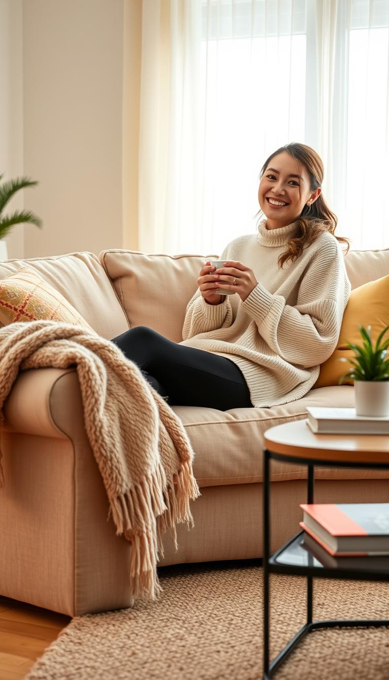 A cozy and inviting scene featuring a woman sitting on a plush beige sofa, wearing a stylish oversized sweater paired with comfortable black leggings. The sweater is a soft pastel color, enhancing the relaxed vibe. Her hair is loosely tied back, and she’s smiling while holding a steaming mug of tea. In the foreground, a fluffy throw blanket is casually draped over the arm of the sofa, along with a few colorful cushions. The middle ground reveals a tidy coffee table adorned with a couple of books and a small potted plant. The background includes a window with soft natural light filtering through sheer curtains, creating a warm, serene atmosphere. The mood is peaceful and casual, perfect for a work-from-home environment.