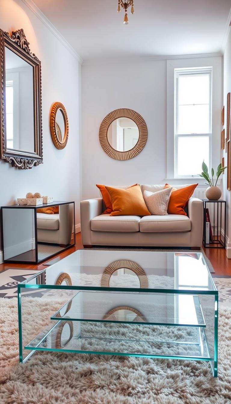 A cozy and stylish small living space featuring innovative space-saving techniques using mirrors. In the foreground, a modern coffee table made of clear glass rests atop a soft rug. Mirrored elements, like a large wall mirror with an ornate frame and smaller decorative mirrors, reflect light and visually expand the room. The middle area showcases a minimalist sofa adorned with colorful cushions, creating an inviting atmosphere. The background reveals a bright window allowing natural light to stream in, enhancing the airy feel. The overall lighting is warm and inviting, with accents of soft gold and earthy tones. Capture a sense of creativity and modernity in this chic, compact space, perfect for small home decorators.
