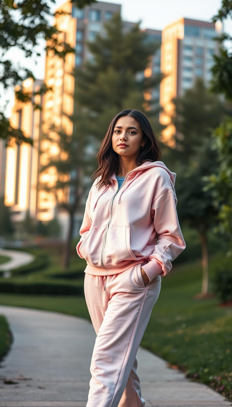 A cozy athleisure set on a stylish female model relaxing in a modern urban park. In the foreground, the model wears a soft, pastel-colored full-zip hoodie paired with matching joggers, showcasing a comfortable yet fashionable look. The middle ground features lush greenery and a winding path, inviting a sense of tranquility. The background includes softly blurred images of contemporary city buildings bathed in warm, golden hour lighting. Use a shallow depth of field to focus on the model, creating a dreamy atmosphere. Capture the scene from a three-quarter angle to emphasize the outfit's details, with natural sunlight illuminating the fabric for a vibrant effect. The overall mood is relaxed and stylish, perfect for a weekend outing.