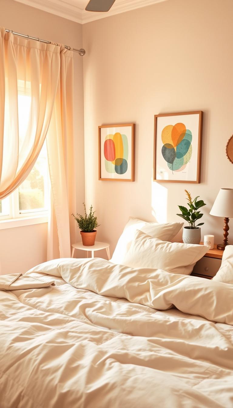 A cozy bedroom scene featuring inexpensive bedding and accessories to create a budget-friendly atmosphere. In the foreground, lush, soft bedding in light pastel colors, including a quilt and decorative pillows, arranged neatly on a simple bed frame. There are matching curtains draping over a nearby window, letting in warm, natural light that enhances the inviting mood. In the middle ground, hang budget-friendly wall art, such as abstract prints in inexpensive frames, displaying colorful designs that complement the bedding. The background shows a small bedside table with a potted plant and a couple of affordable decorative items like a candle and a rustic lamp. The overall ambiance is cheerful and refreshing, with a bright, airy feel that encourages a sense of comfort and wellness.