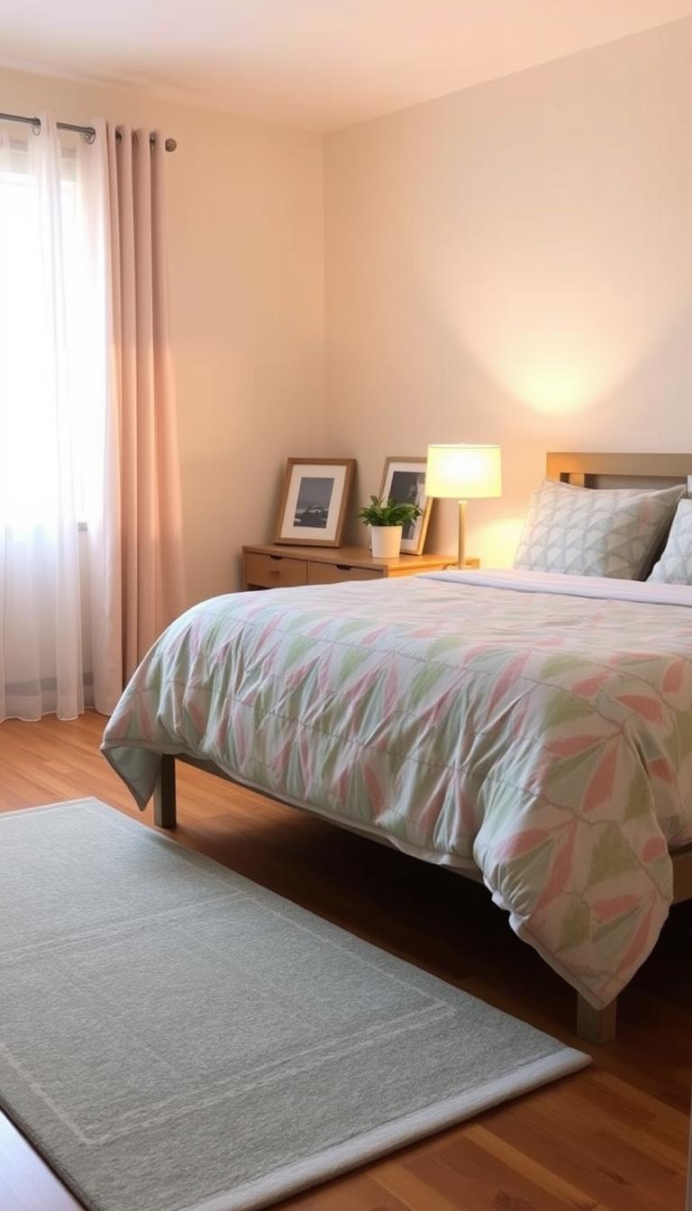 A cozy bedroom scene featuring inexpensive bedding and accessories. In the foreground, a neatly made bed with a colorful, patterned duvet and matching pillows in soft pastel colors. A stylish area rug with geometric designs lies on the wooden floor beneath the bed, adding a touch of warmth. On the bedside table, a simple lamp illuminates the space with soft, warm light. In the middle ground, a small potted plant adds a natural element, while a framed picture in a modest frame leans against the wall. The background shows a softly lit window with light curtains, filtering in natural sunlight, creating a relaxed and inviting atmosphere. Overall, the composition reflects a budget-friendly yet chic bedroom makeover.