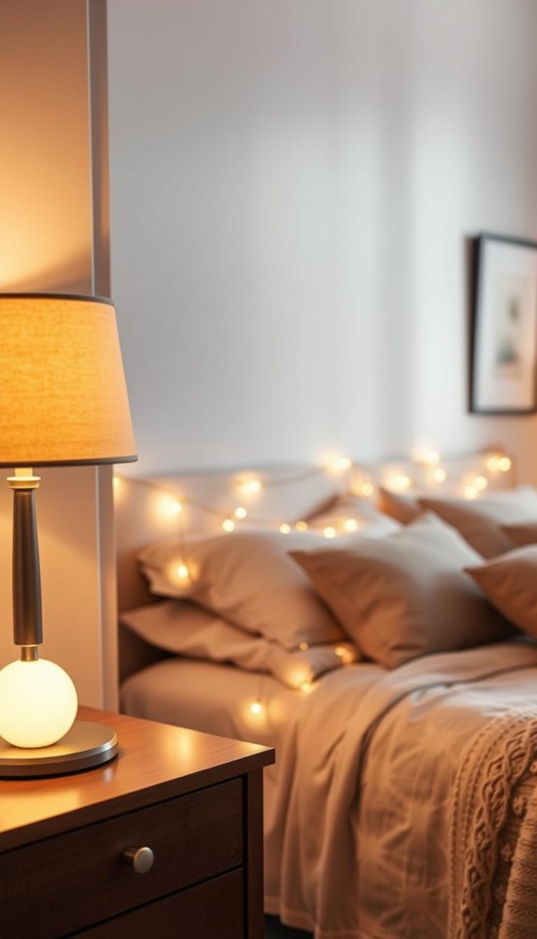 A cozy bedroom scene showcasing various low-cost lighting solutions for a soft, inviting ambiance. In the foreground, a stylish bedside table with a lamp featuring a warm, yellow glow, complemented by a string of fairy lights draped artfully around the bed's headboard. In the middle, a comfortable bed adorned with soft, neutral-toned bedding and pillows, casting gentle shadows from the lighting. The background features a softly painted wall with a minimalist art piece, enhancing the serene atmosphere. The room is well-lit, with diffused natural light coming from a nearby window, creating a tranquil mood. The composition should emphasize layers of light and texture, perfect for a budget-friendly bedroom refresh.