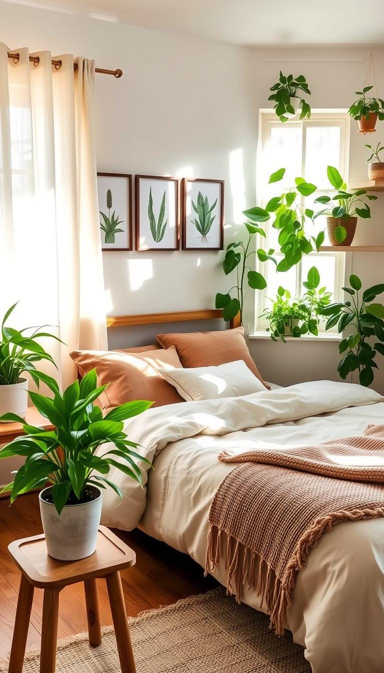 A cozy, budget-friendly bedroom featuring a fresh, natural vibe. In the foreground, a small wooden nightstand holds a vibrant potted plant with lush green leaves, adding life to the space. In the middle, a neatly made bed with a soft, neutral-colored duvet and decorative pillows in earthy tones contrasts beautifully with a woven throw blanket draped at the foot. On the wall above the bed, a series of botanical prints frame the display. In the background, soft morning light streams through a sheer-curtained window, illuminating the room with a warm glow. Lush plants are strategically placed on a windowsill and a small shelf, enhancing the fresh greenery theme. The overall atmosphere is serene and inviting, encapsulating a budget-friendly yet stylish bedroom refresh.