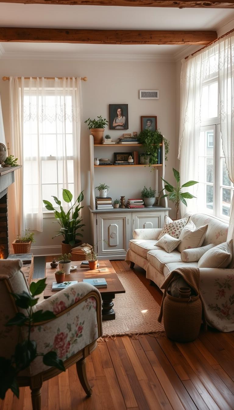 A cozy cottagecore living room, featuring a warm, inviting fireplace with glowing embers in the foreground, surrounded by plush armchairs covered in soft floral patterns. A rustic wooden coffee table is adorned with potted plants and vintage books. In the middle ground, a large window lets in soft, diffused natural light, highlighting a handwoven rug on the wooden floor. Shelves filled with knick-knacks and greenery create a homely atmosphere. In the background, light pastel-colored walls complement delicate lace curtains, enhancing the dreamy feel. The scene is bathed in gentle dusk lighting, creating a serene and tranquil mood, perfect for relaxation and comfort.