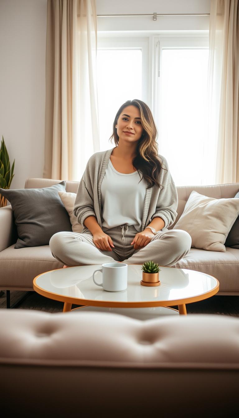 A cozy home workspace featuring a woman dressed in a classic tee, a soft cardigan, and comfortable joggers. The foreground shows her sitting cross-legged on a stylish, modern couch with a neutral color palette. In the middle, there’s a neatly arranged coffee table adorned with a steaming mug and a small potted plant. The background includes a bright window with sheer curtains allowing natural light to spill in, illuminating the room and creating a warm, inviting atmosphere. The scene is captured from a slightly elevated angle to emphasize the relaxed yet put-together outfit, promoting a casual work-from-home vibe. The overall mood is serene and comfortable, perfect for working while still looking chic and professional.