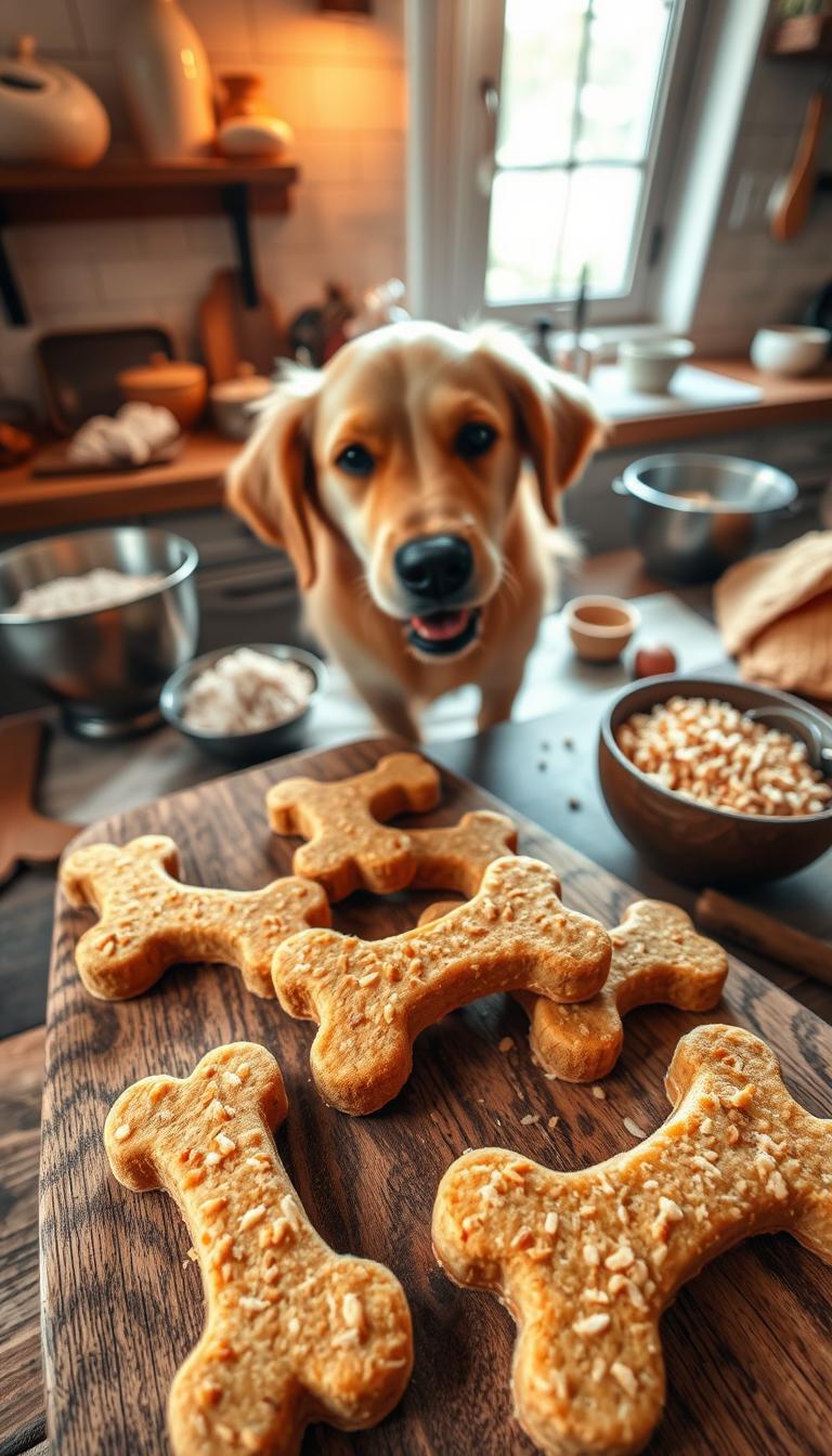 A cozy kitchen scene featuring freshly baked homemade dog biscuits shaped like bones, displayed on a rustic wooden cutting board. The biscuits have a golden-brown color with visible flecks of shredded chicken and grains of rice, giving them an appetizing texture. In the background, soft, warm light streams through a window, illuminating the kitchen with a comforting glow. There are ingredients like chicken, rice, and a mixing bowl scattered around, hinting at the preparation process. In the foreground, a playful golden retriever is happily sniffing at the biscuits, inviting viewers to share in the wholesome atmosphere. The composition captures a warm, inviting mood of home-cooked goodness and love for pets, shot from a slight overhead angle to emphasize the biscuits and the dog.