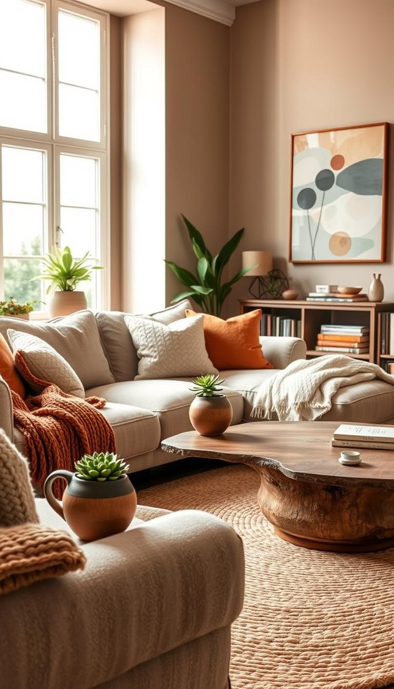 A cozy living room designed in textured earth tones, incorporating rich browns, warm terracottas, and deep greens. In the foreground, a plush, oversized beige sofa with soft, knitted throws and an assortment of textured cushions. A rustic wooden coffee table, adorned with a few vibrant potted succulents and a stylish, earth-toned ceramic mug. In the middle, a large woven area rug enhances the space, surrounded by soft light from a large window, allowing natural sunlight to warm the room. In the background, walls painted in soft taupe, artfully decorated with abstract nature-inspired artwork. A contemporary bookshelf filled with books and decorative items adds character. Soft, ambient lighting creates an inviting atmosphere, capturing the essence of a serene and comfortable retreat.