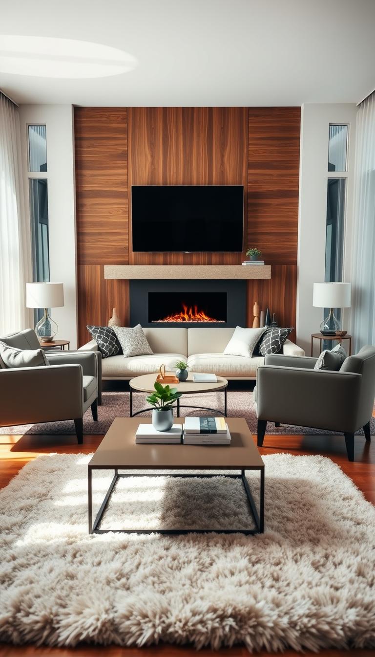 A cozy modern living room featuring a beautifully styled fireplace as the focal point, surrounded by sleek furnishings. In the foreground, a plush, neutral-colored area rug lies under a low coffee table, adorned with decorative books and a small plant. The middle section showcases a contemporary sofa with stylish throw pillows, positioned to face the fireplace, while a pair of minimalist armchairs flank either side. In the background, the fireplace is framed by elegant wood paneling and a flat-screen TV above, casting a warm glow from the flickering flames. Soft, ambient lighting enhances the inviting atmosphere, with sunlight filtering through sheer curtains. The overall mood is inviting and serene, perfect for relaxation and gatherings, captured from a slightly elevated angle to emphasize the fireplace arrangement.