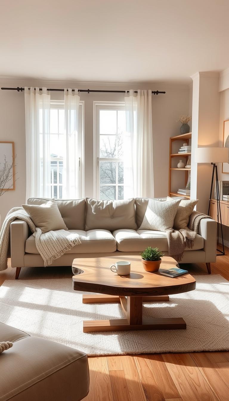 A cozy neutral living room designed to evoke warmth and tranquility. In the foreground, a plush, light beige sofa adorned with soft throw pillows and a knitted blanket. A rustic wooden coffee table sits in front, topped with a steaming mug and a small potted plant. In the middle, a chic area rug lies underfoot, softly complementing the colors of the room. Natural light floods in through large windows adorned with sheer white curtains, casting gentle shadows. The background features light taupe walls decorated with minimalist art and a modern bookshelf filled with books and decorative objects. A soft glow from a floor lamp enhances the inviting atmosphere, making it feel like a Pinterest dream come to life.
