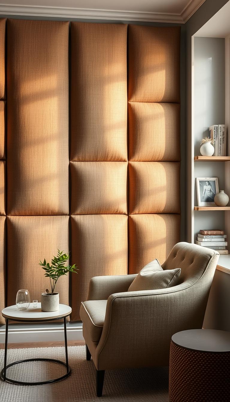 A cozy room featuring elegant fabric-wrapped wall panels that create a warm and inviting atmosphere. The panels are made of soft, textured fabric in muted earth tones, thoughtfully arranged in a contemporary pattern. In the foreground, a plush, stylish armchair complements the wall panels, placed beside a small, round coffee table with a decorative plant. The middle ground showcases the eye-catching wall panels, thoughtfully lit by soft, diffused daylight coming from a nearby window, enhancing the textures of the fabric. In the background, a tastefully decorated shelf displays art books and decorative items, hinting at a creative yet serene vibe. Capture this scene from a slightly elevated angle to emphasize the panel textures and the overall aesthetic of the room's design.