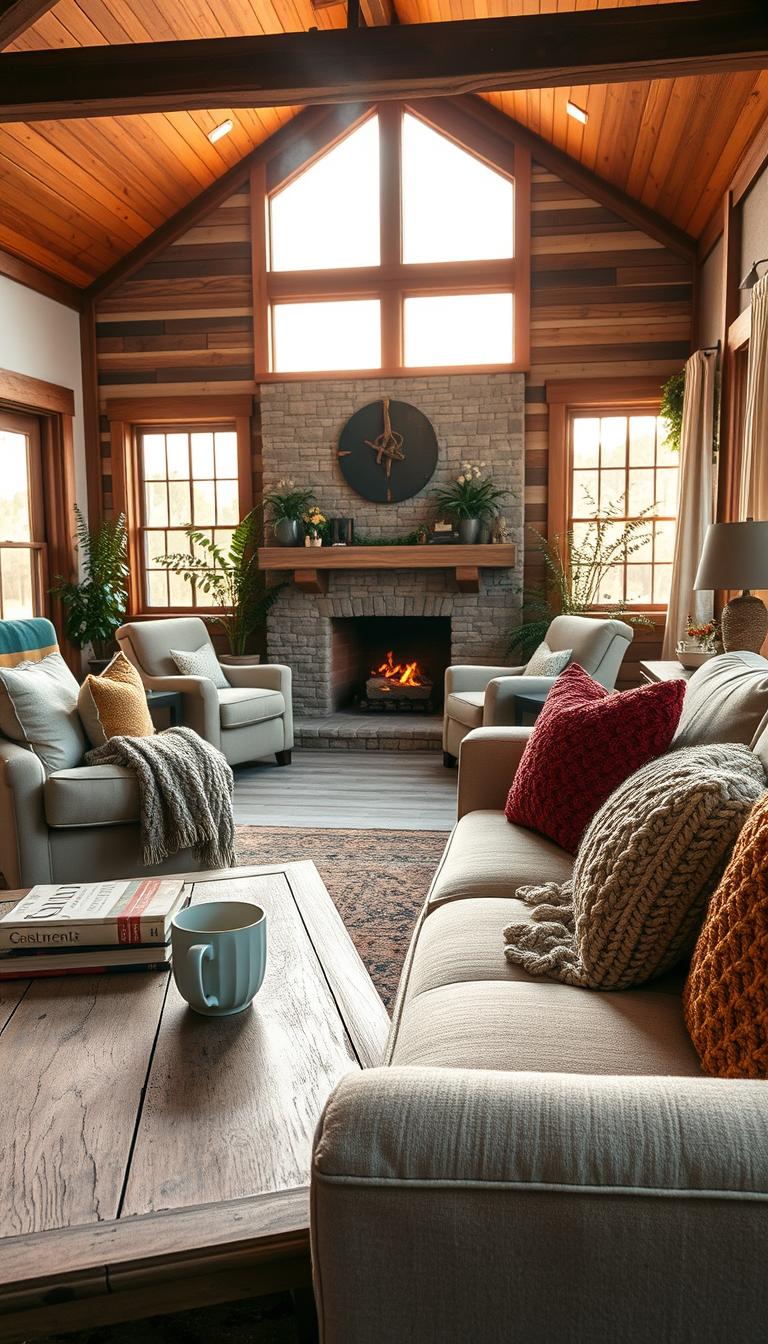 A cozy rustic farmhouse living room, featuring a large, overstuffed beige sofa adorned with colorful knitted throw pillows and a chunky knitted blanket. In the foreground, a distressed wooden coffee table holds a steaming mug and a stack of vintage books. The middle of the scene showcases a stone fireplace, crackling with warmth, surrounded by soft armchairs in muted earthy colors. On the walls, rustic wooden beams and shiplap add warmth, while potted plants bring a pop of greenery. The background reveals large windows with soft, sheer curtains allowing natural light to flood the room, enhancing the inviting atmosphere. A warm golden hour light casts a gentle glow, evoking a sense of tranquility and comfort, perfect for relaxing or entertaining.