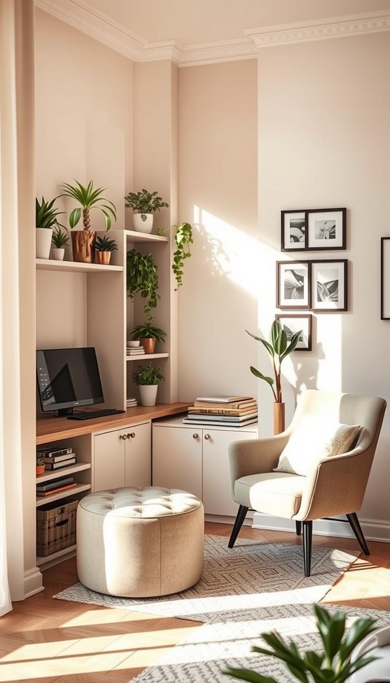A cozy, stylish corner of a modern apartment featuring innovative space-saving techniques. In the foreground, a sleek corner desk seamlessly integrated with built-in shelving, adorned with houseplants and decorative items, all bathed in warm, natural light. The middle of the image highlights a multi-functional furniture piece, like an ottoman that doubles as storage, harmoniously placed next to a compact, elegant armchair. The background reveals a softly painted wall with a small gallery of framed art, enhancing the sense of style and personality. The overall atmosphere is inviting and softly lit, suggesting a perfect blend of functionality and aesthetics in small space decorating. Ensure no text or watermarks are present in the image.