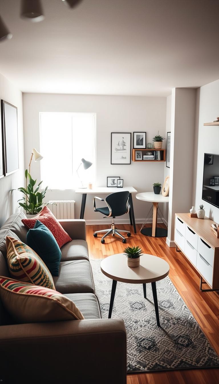 A cozy, well-decorated small living space showcasing various zones for functionality and style. In the foreground, a stylish area featuring a compact sofa adorned with colorful cushions and a small round coffee table topped with a decorative plant. The middle ground reveals a designated workspace with a sleek desk and an ergonomic chair, organized with minimalistic decor and good lighting, emphasizing productivity. In the background, a small dining area with a chic, modern table set against a wall decorated with framed art. Bright, natural light filters in through a window, creating a warm and inviting atmosphere. The overall mood is inspiring and practical, perfect for maximizing small spaces while maintaining aesthetics.