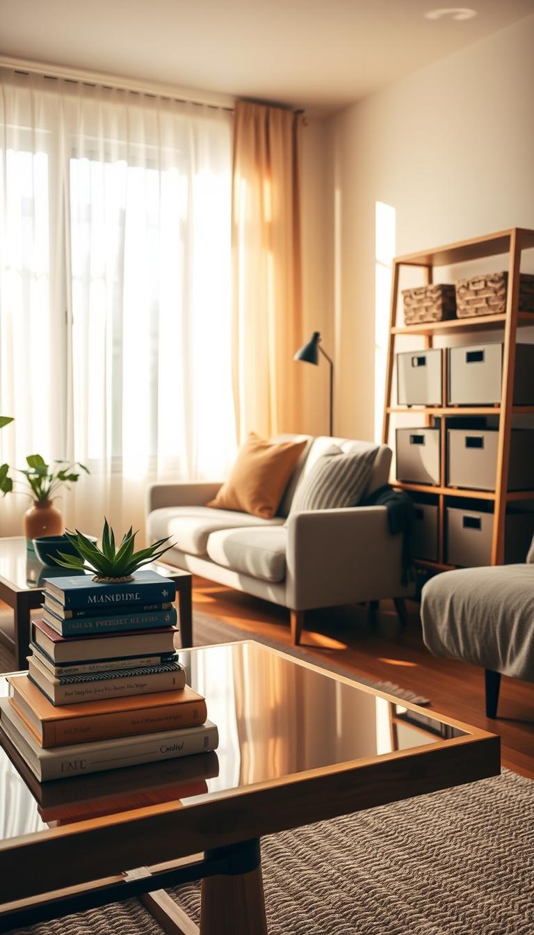 A cozy, well-organized small living room showcasing effective decluttering tips. In the foreground, a stylish, minimalist coffee table with a neatly arranged stack of books and a small decorative plant, reflecting a tidy surface. The middle of the scene features a compact sofa, adorned with a couple of tasteful throw pillows, paired with a functional shelving unit neatly displaying decorative storage baskets. In the background, natural light floods the space through a large window adorned with sheer curtains, enhancing the airy atmosphere. The warm color palette creates an inviting mood, with soft shadows cast by the furniture, highlighting the elegance of small space decorating hacks. The composition focuses on simplicity and functionality, embodying a sense of serenity in an organized environment.