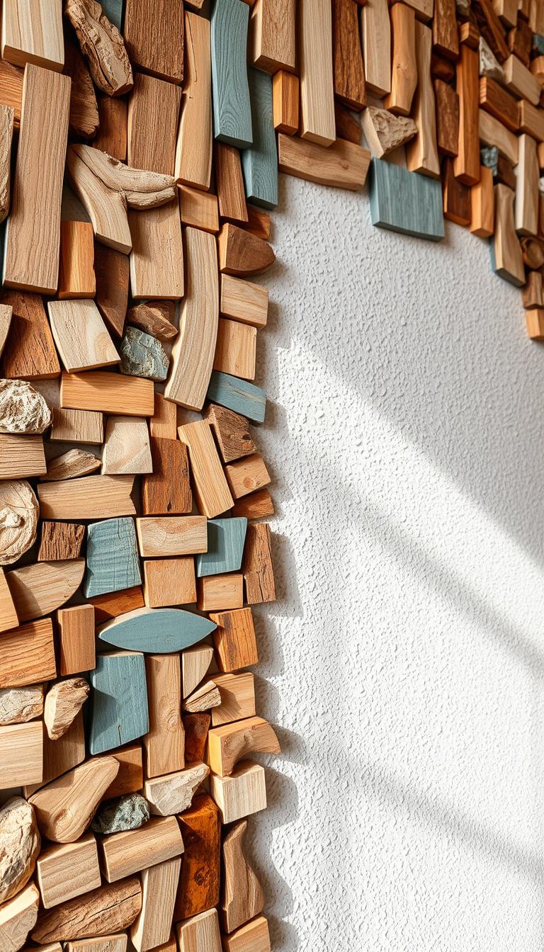 A detailed scrap-wood wall mosaic showcasing various shades and textures of wood pieces arranged intricately. In the foreground, the mosaic prominently features unique wooden shapes—some smooth, others with a rugged finish—interspersed with splashes of color from reclaimed wood paint. The middle-ground displays a slightly textured wall that enhances the warmth of the wood, with natural wood grain visible in the close-up view. In the background, soft, diffused lighting gently illuminates the artwork, casting subtle shadows that add depth to the composition. The overall mood is inviting and creative, highlighting the beauty of DIY craftsmanship in home décor. No people or text are present in the image.
