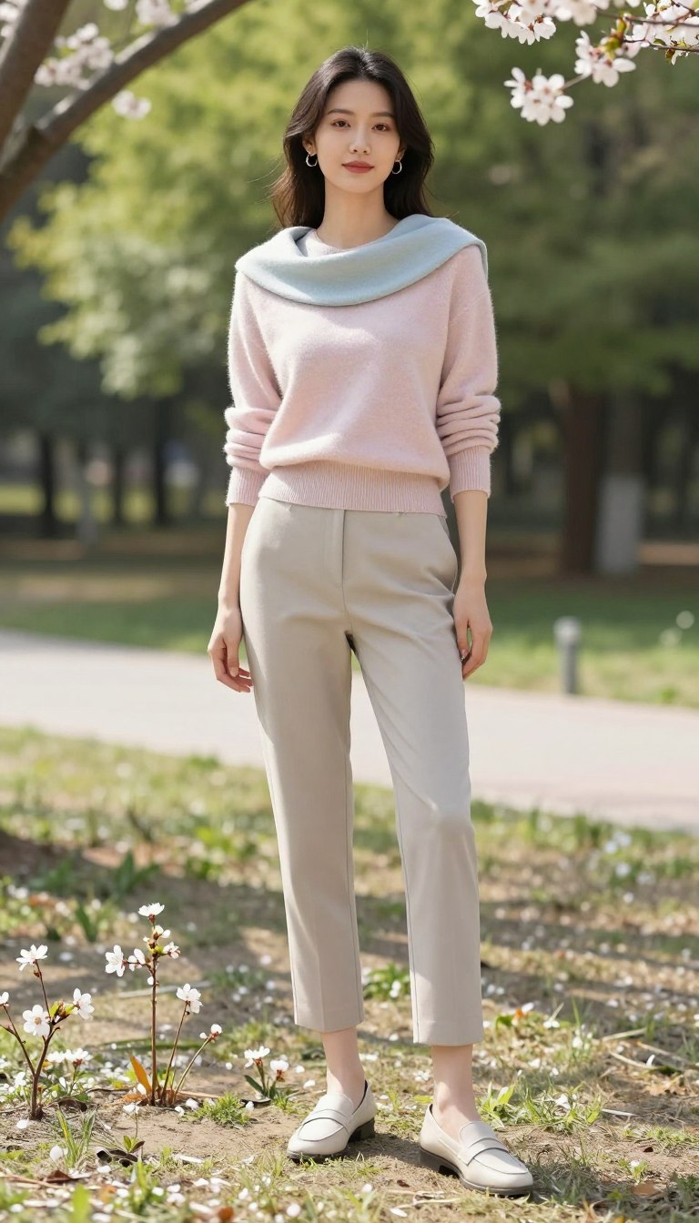 A fashionable female model stands confidently in a sunlit park, showcasing a chic spring outfit. She wears a lightweight, pastel-colored sweater that drapes elegantly over her shoulders, paired with tailored ankle pants in a soft neutral tone. Her stylish loafers complete the look, adding a touch of sophistication. The foreground features delicate blossoms sprouting from the ground, hinting at the season. In the middle, a blurred pathway leads to lush greenery, evoking a serene outdoor atmosphere. The lighting is bright and natural, casting gentle shadows that highlight the textures of her clothing. Capture this scene from a slightly low angle to emphasize the model against the vibrant backdrop, conveying a mood of relaxed elegance and effortless spring style.
