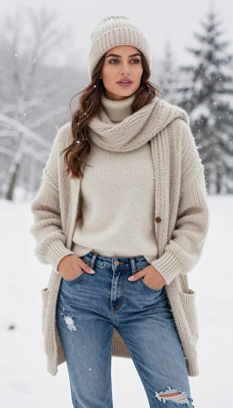 A fashionable winter scene showcasing a stylish woman in a cozy turtleneck sweater, layered with a chunky cardigan, paired with relaxed-fit, slightly distressed jeans. She stands confidently in the foreground, her hands in her pockets, displaying a casual yet chic vibe. Her accessories include a warm beanie and textured scarf that complement her outfit. The background features softly falling snowflakes, with a serene winter landscape filled with frosted trees, creating a peaceful and inviting atmosphere. The image is bathed in soft, natural light, emphasizing the textures of the knitwear and denim. The camera angle captures the woman from a slightly low perspective, accentuating her stylish ensemble against the picturesque winter backdrop. The overall mood is warm, cozy, and effortlessly stylish, perfect for winter inspiration.