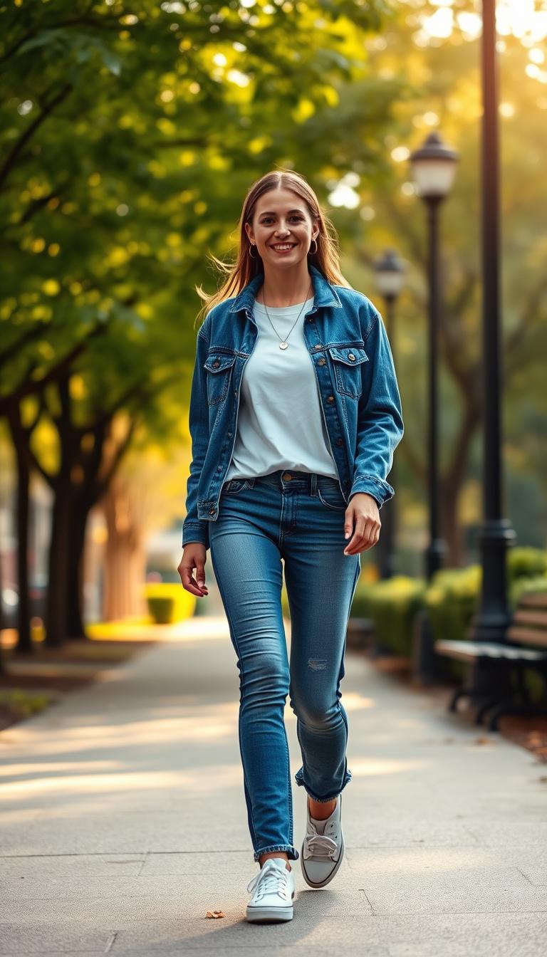 A fashionable woman casually strolls through an urban park, wearing a stylish, relaxed-fit denim jacket paired with a classic white tee and high-waisted jeans, embodying effortless denim and tee style. Her outfit is complemented by comfortable white sneakers and minimal accessories such as a simple pendant necklace. The foreground captures her confidently walking, with a smile on her face. In the middle ground, vibrant green trees and a softly blurred walkway enhance the casual vibe. The warm afternoon sun casts a gentle golden light, creating a cozy and inviting atmosphere. The photo is taken from a slightly low angle to emphasize her relaxed posture while showing the surrounding nature, perfectly encapsulating a carefree weekend look.